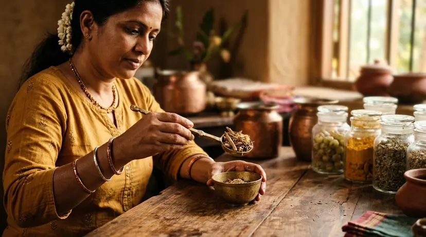 Practitioner measuring dried herbs