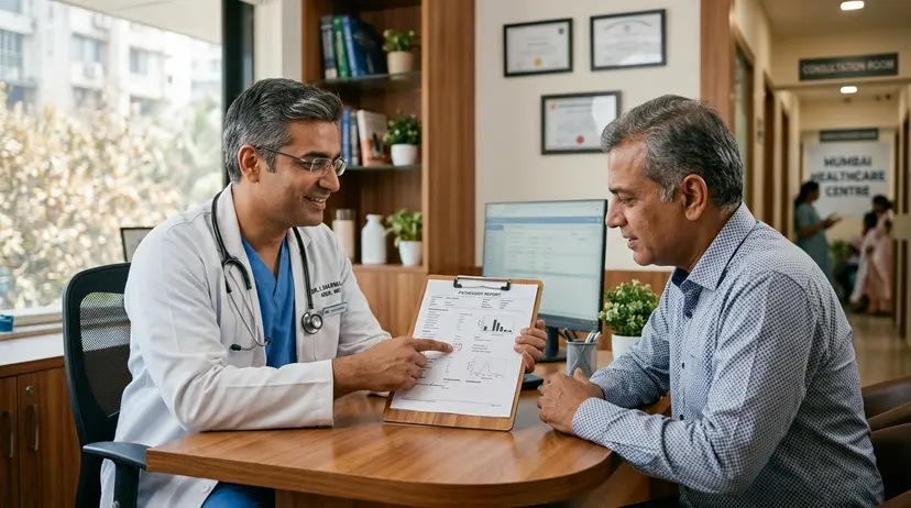 Doctor and patient reviewing a kidney function report